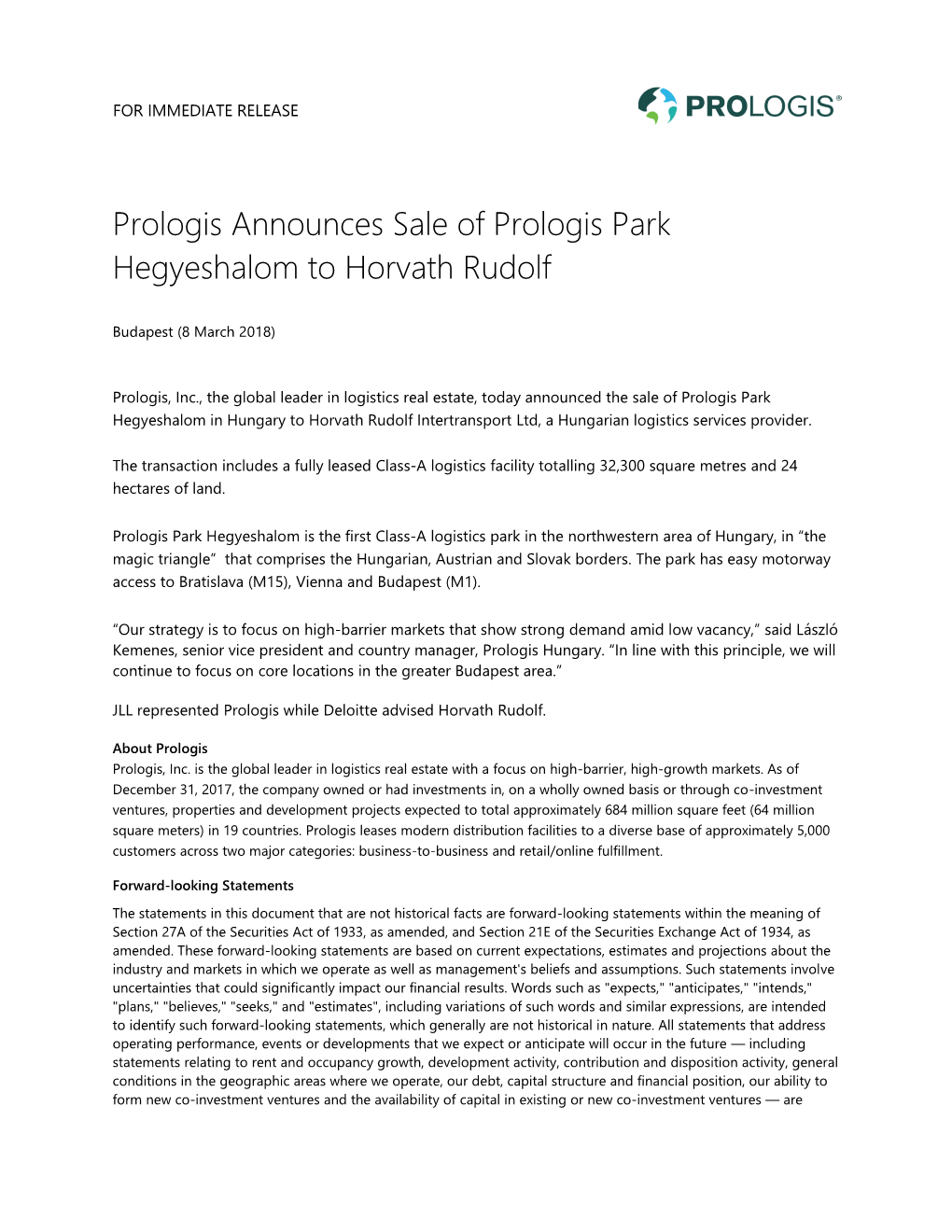 Prologis Announces Sale of Prologis Park Hegyeshalom to Horvath Rudolf