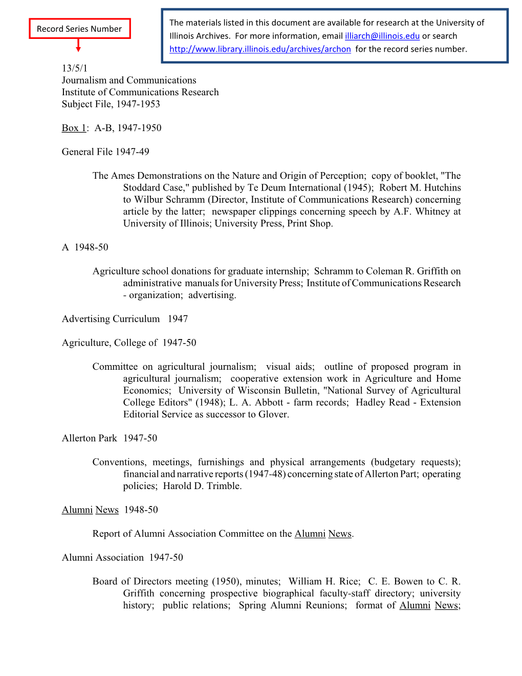 13/5/1 Journalism and Communications Institute of Communications Research Subject File, 1947-1953