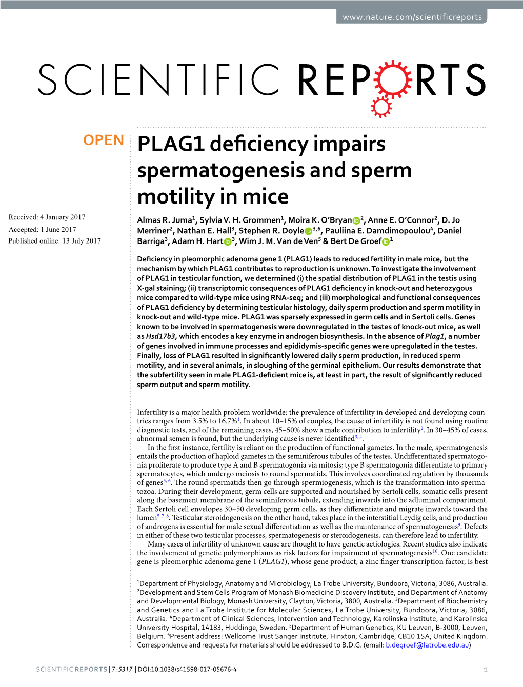PLAG1 Deficiency Impairs Spermatogenesis and Sperm Motility in Mice Received: 4 January 2017 Almas R