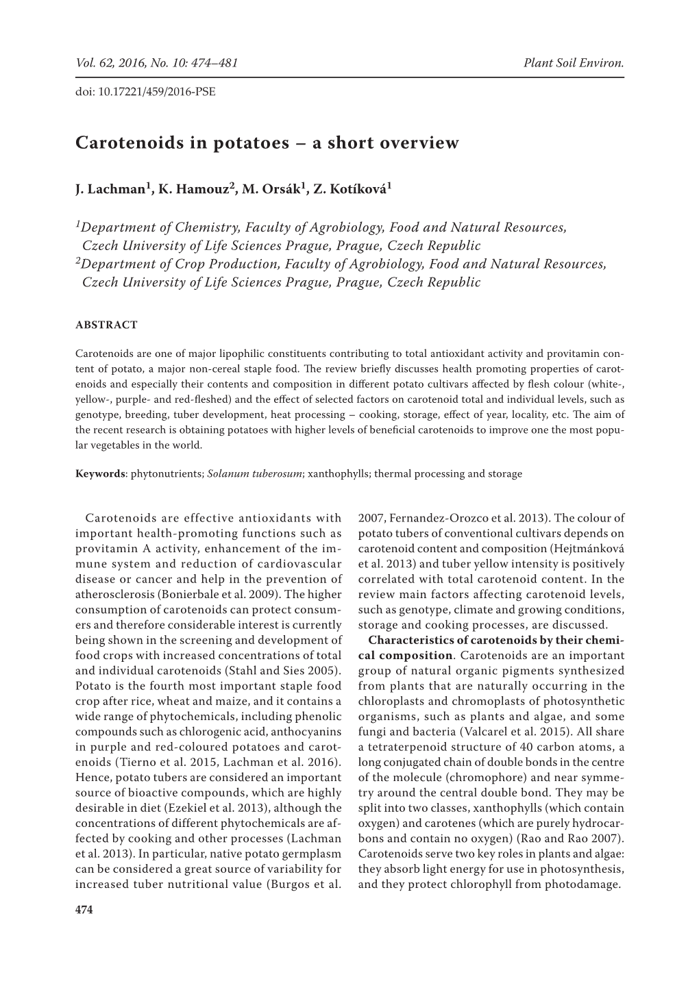 Carotenoids in Potatoes – a Short Overview