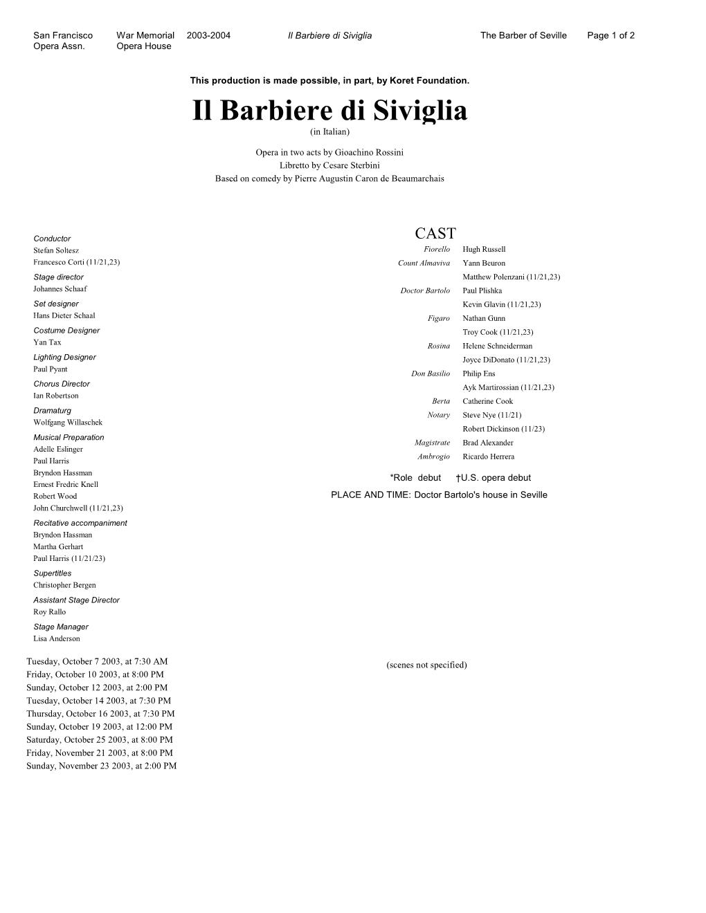 Il Barbiere Di Siviglia the Barber of Seville Page 1 of 2 Opera Assn