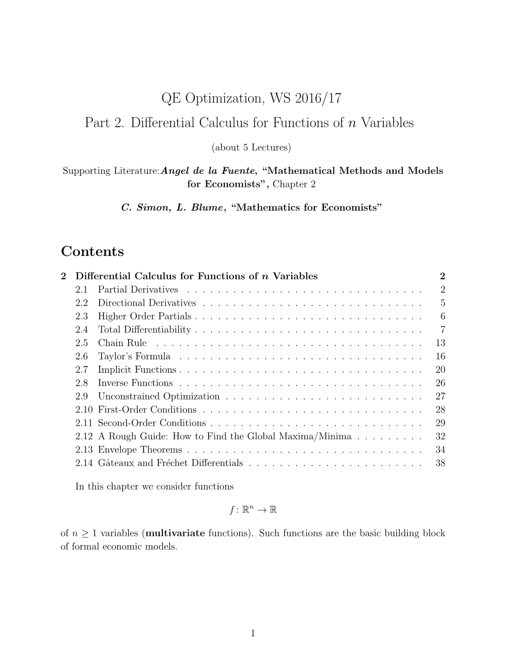 QE Optimization, WS 2016/17 Part 2. Differential Calculus for Functions