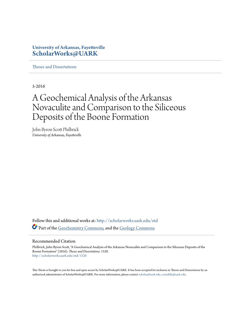 A Geochemical Analysis of the Arkansas Novaculite And