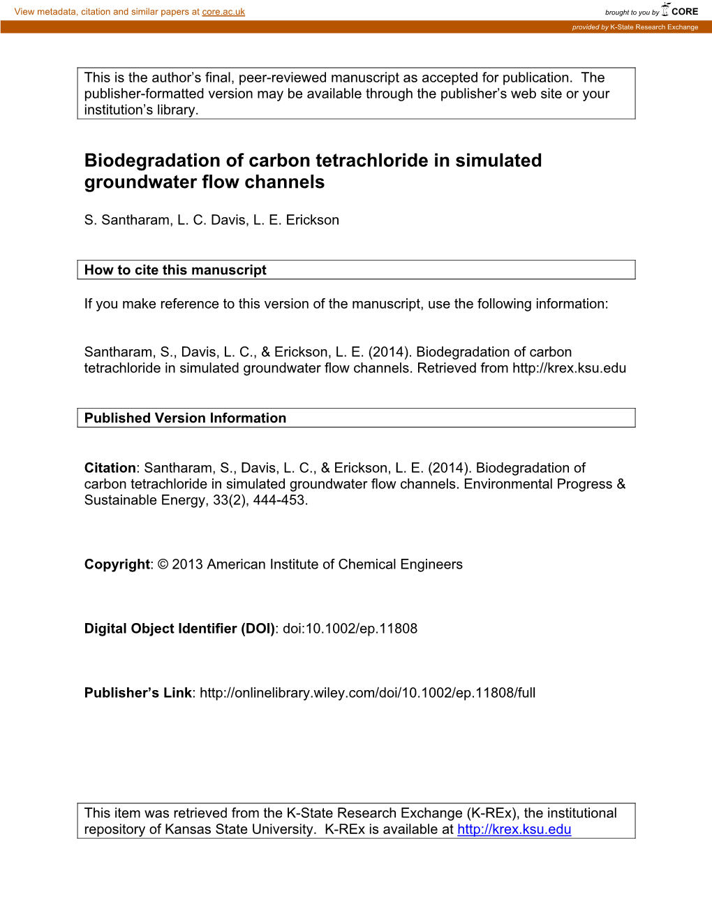 Biodegradation of Carbon Tetrachloride in Simulated Groundwater Flow Channels