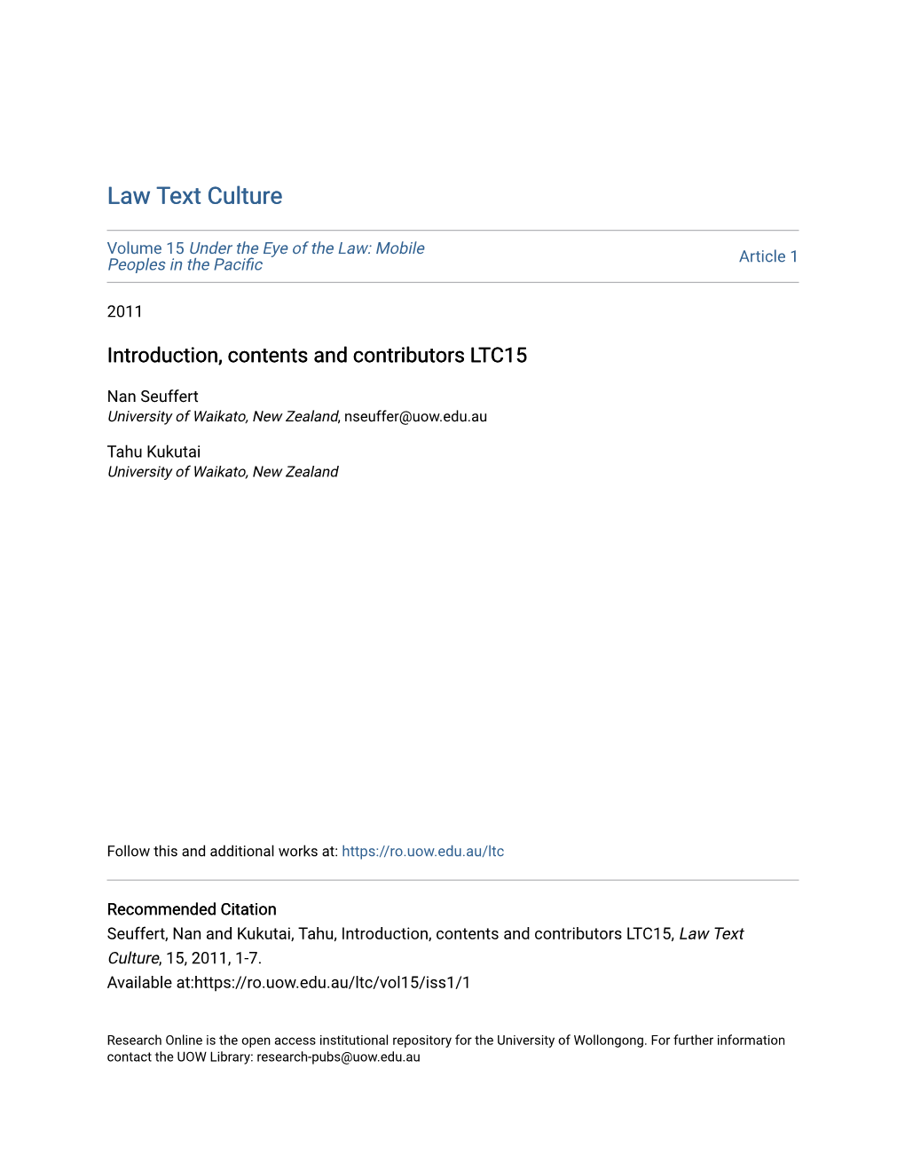 Introduction, Contents and Contributors LTC15