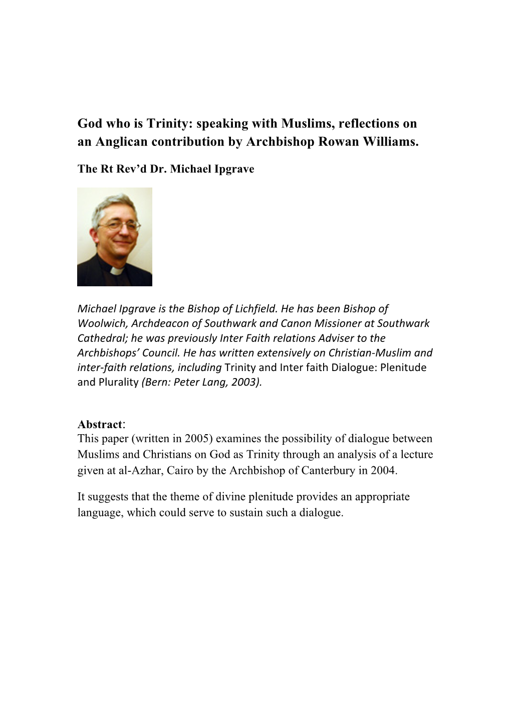 God Who Is Trinity: Speaking with Muslims, Reflections on an Anglican Contribution by Archbishop Rowan Williams