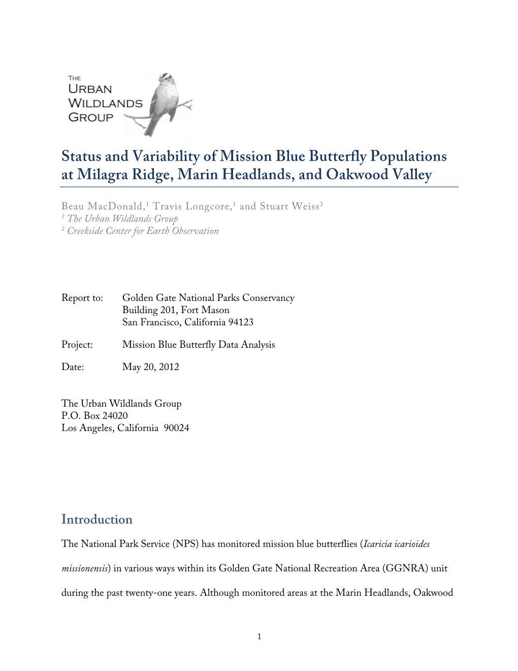 Status and Variability of Mission Blue Butterfly Populations at Milagra Ridge, Marin Headlands, and Oakwood Valley