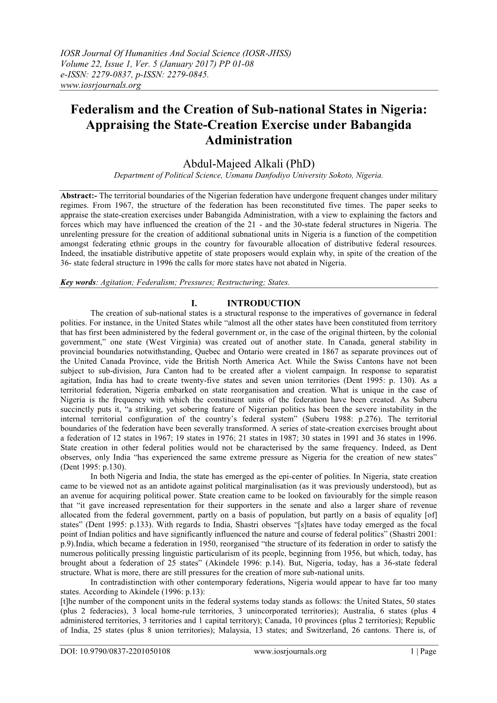 Federalism and the Creation of Sub-National States in Nigeria: Appraising the State-Creation Exercise Under Babangida Administration