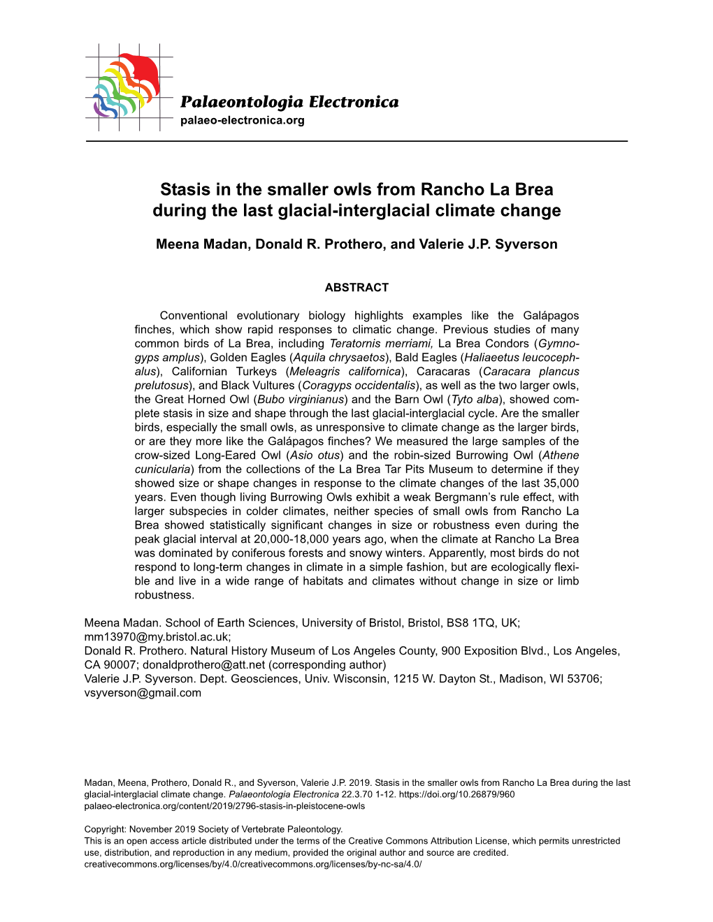 Stasis in the Smaller Owls from Rancho La Brea During the Last Glacial-Interglacial Climate Change