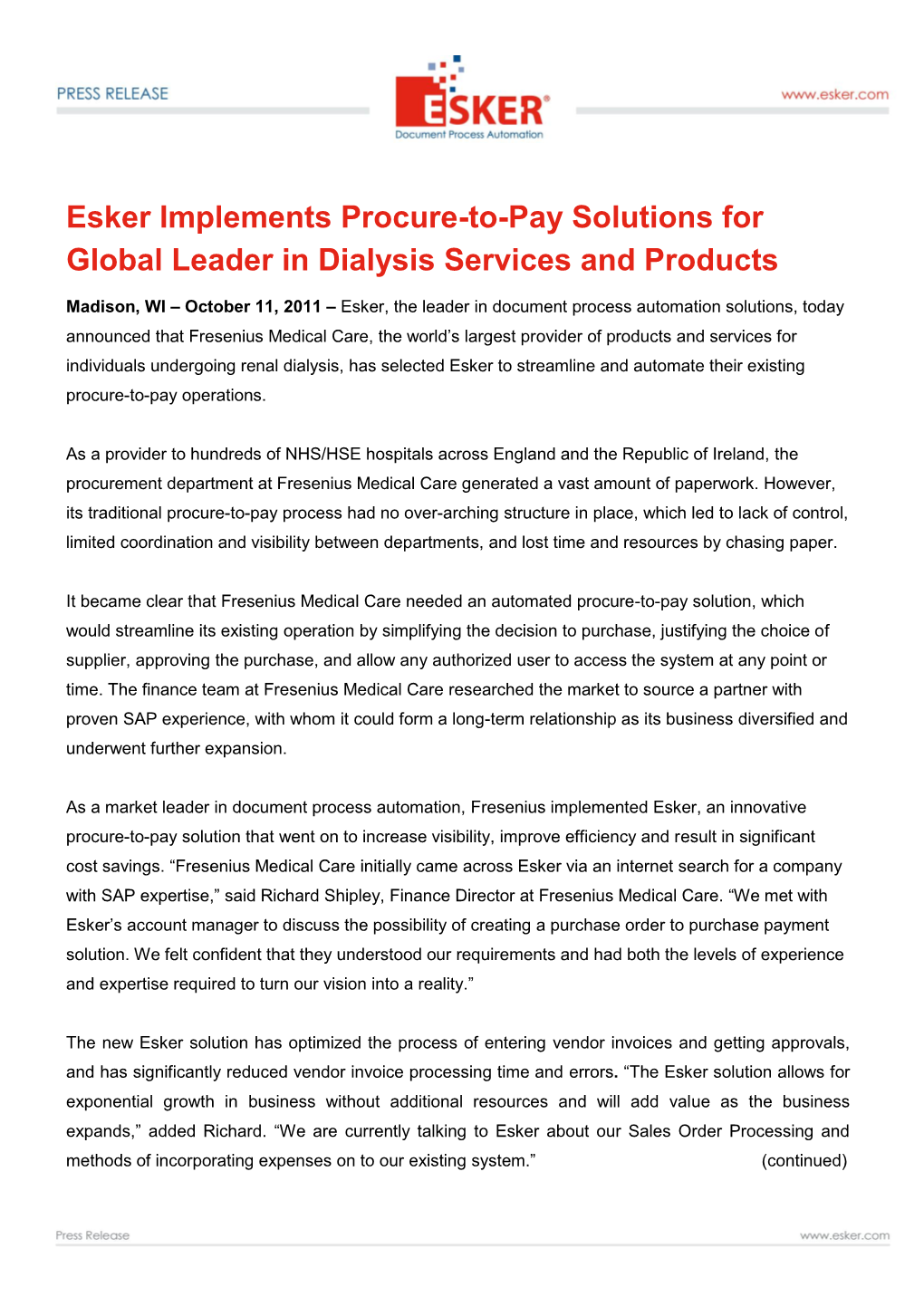 Esker Implements Procure-To-Pay Solutions for Global Leader in Dialysis Services and Products