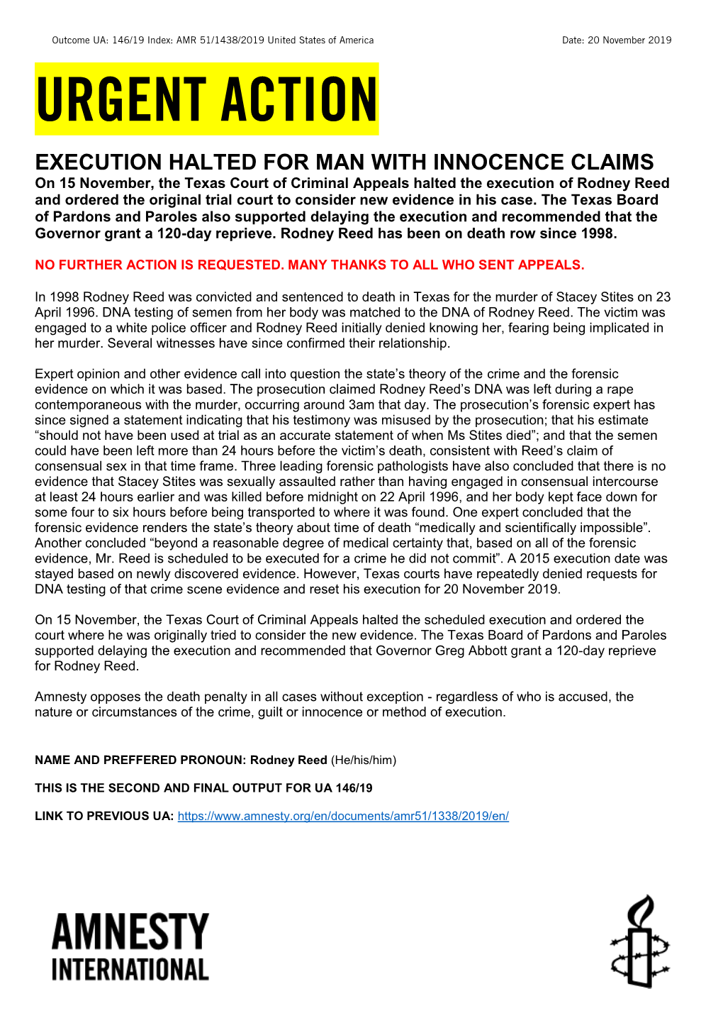 USA: Execution Halted for Man with Innocence Claims: Rodney Reed