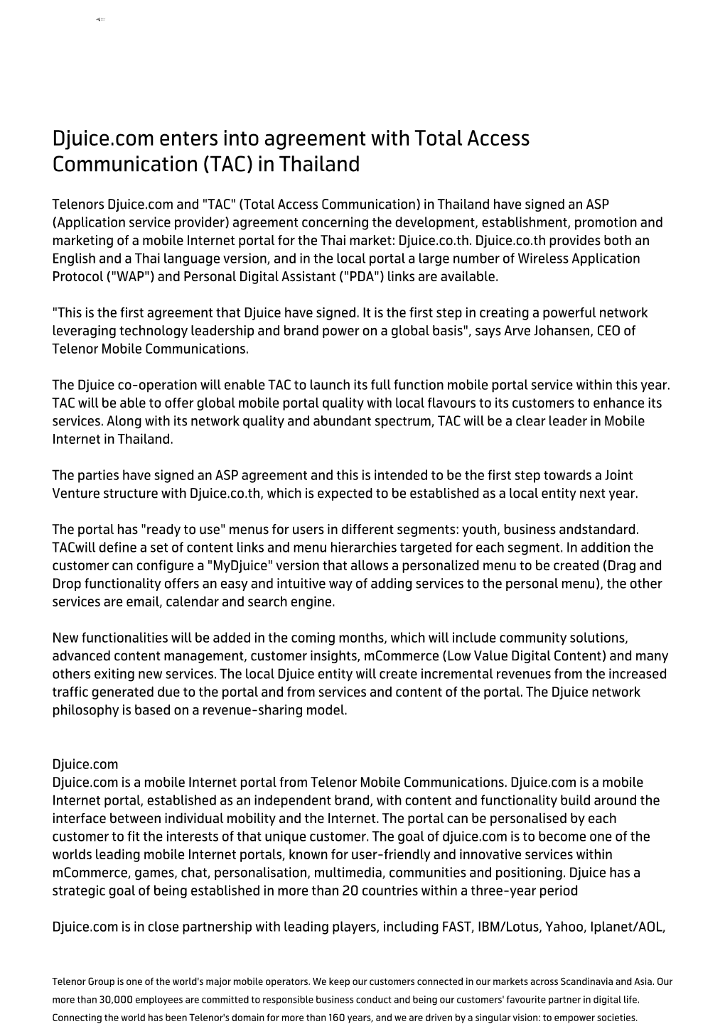 Djuice.Com Enters Into Agreement with Total Access Communication (TAC) in Thailand