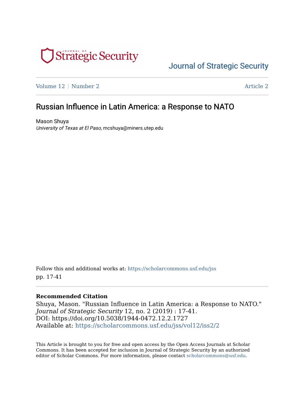 Russian Influence in Latin America: a Response to NATO." Journal of Strategic Security 12, No