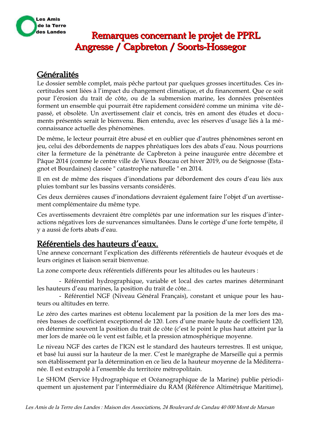 Remarques Concernant Le Projet De PPRL Angresse / Capbreton / Soorts-Hossegor