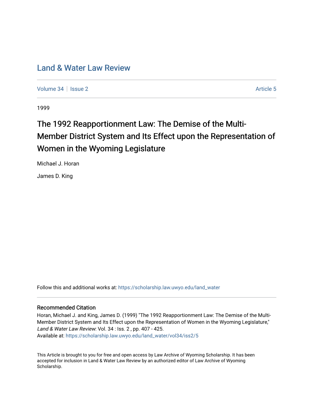 THE DEMISE of the MULTI-MEMBER DISTRICT SYSTEM and ITS EFFECT UPON the REPRESENTATION of WOMEN in Tile WYOMING LEGISLATURE