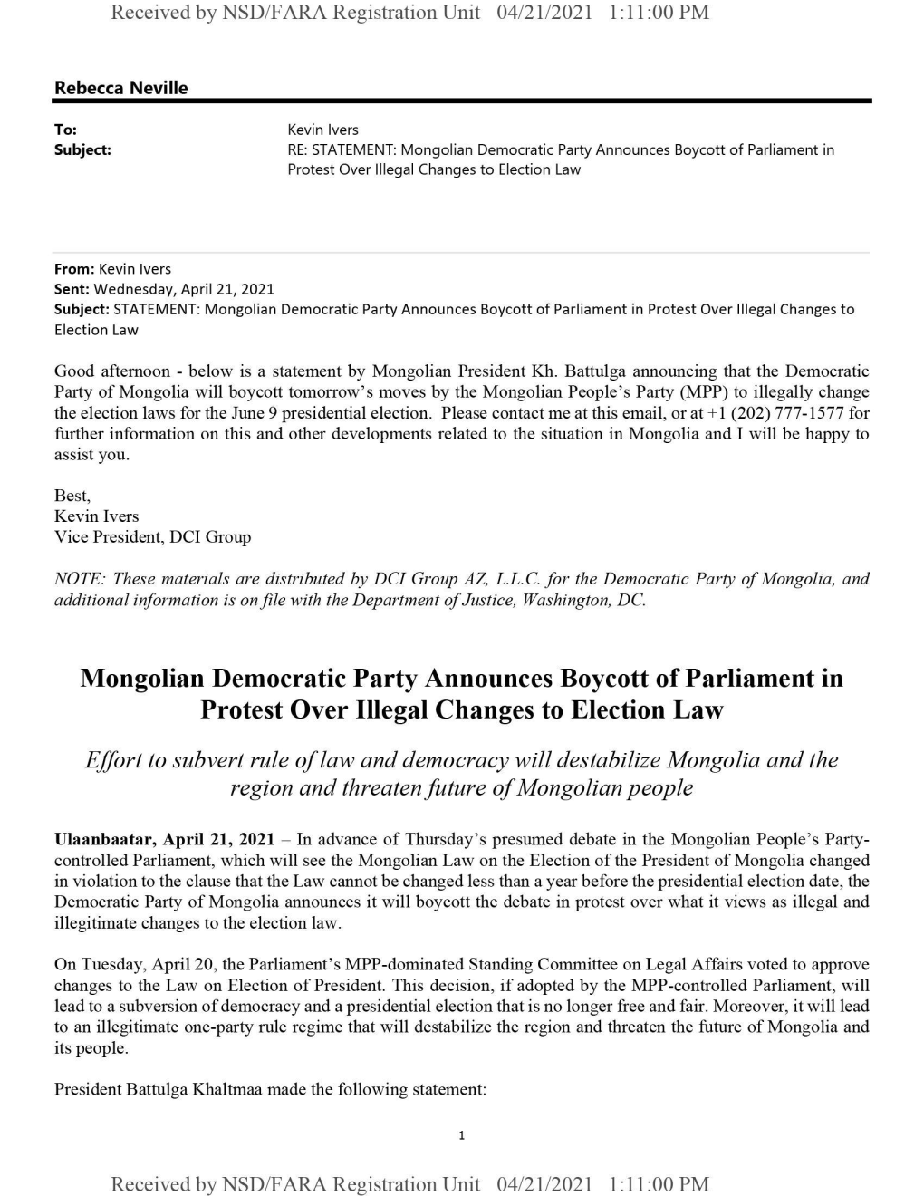 Mongolian Democratic Party Announces Boycott of Parliament in Protest Over Illegal Changes to Election Law