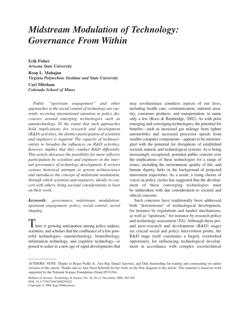 Midstream Modulation of Technology: Governance from Within