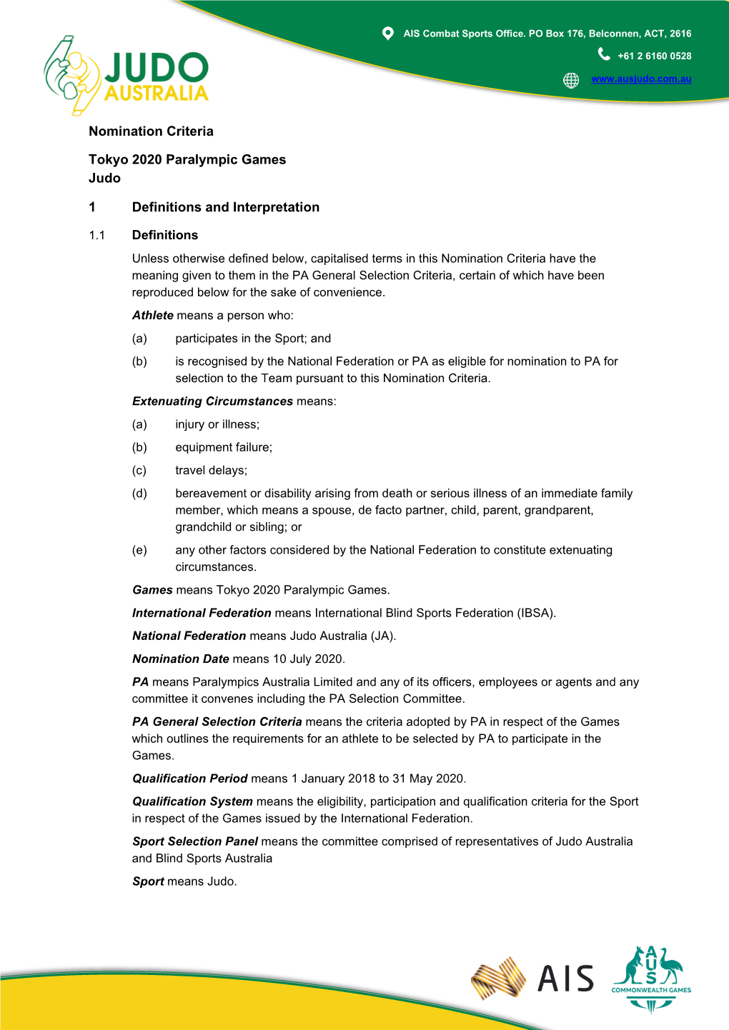 Nomination Criteria Tokyo 2020 Paralympic