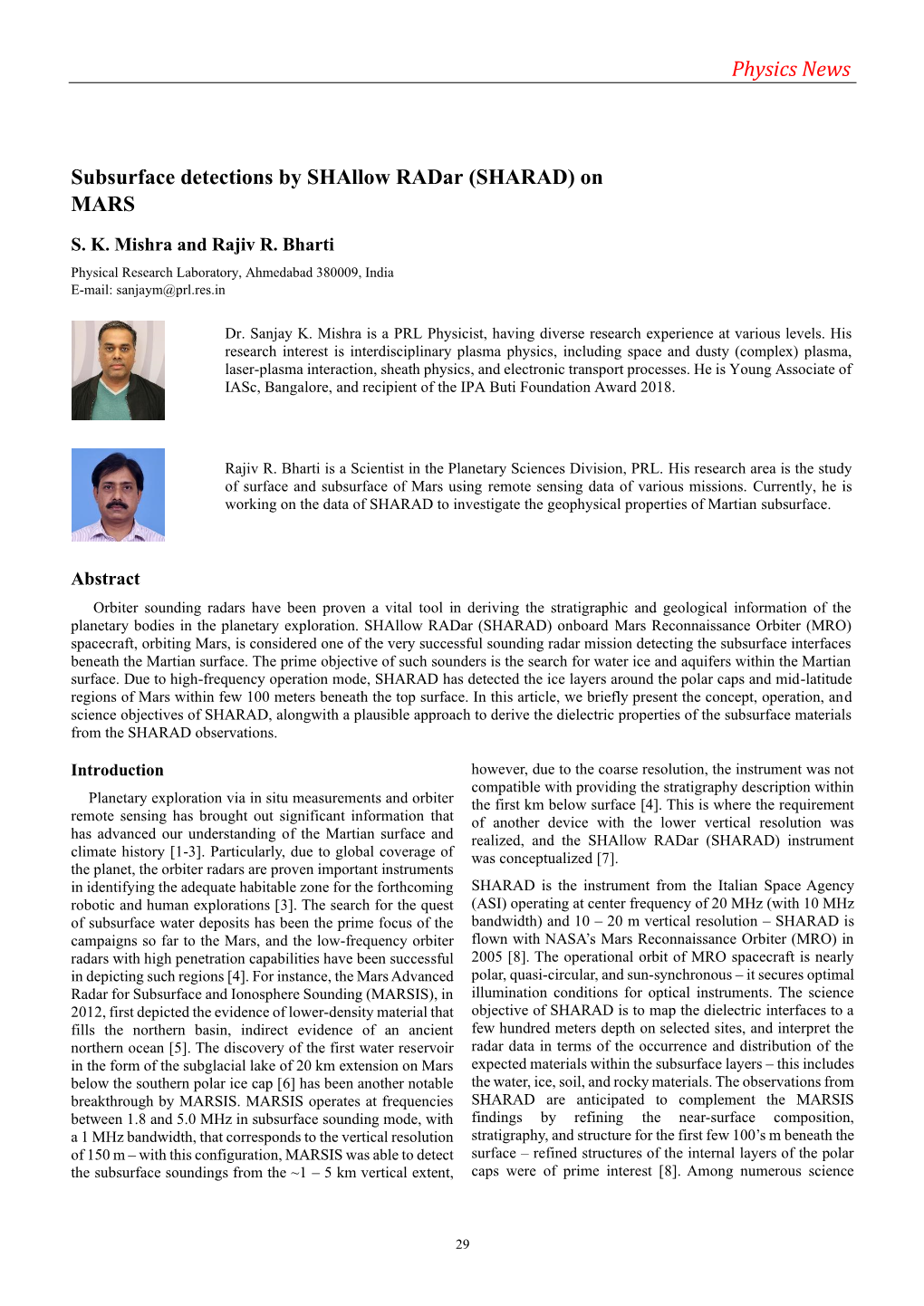 Physics News Subsurface Detections by Shallow Radar (SHARAD) On