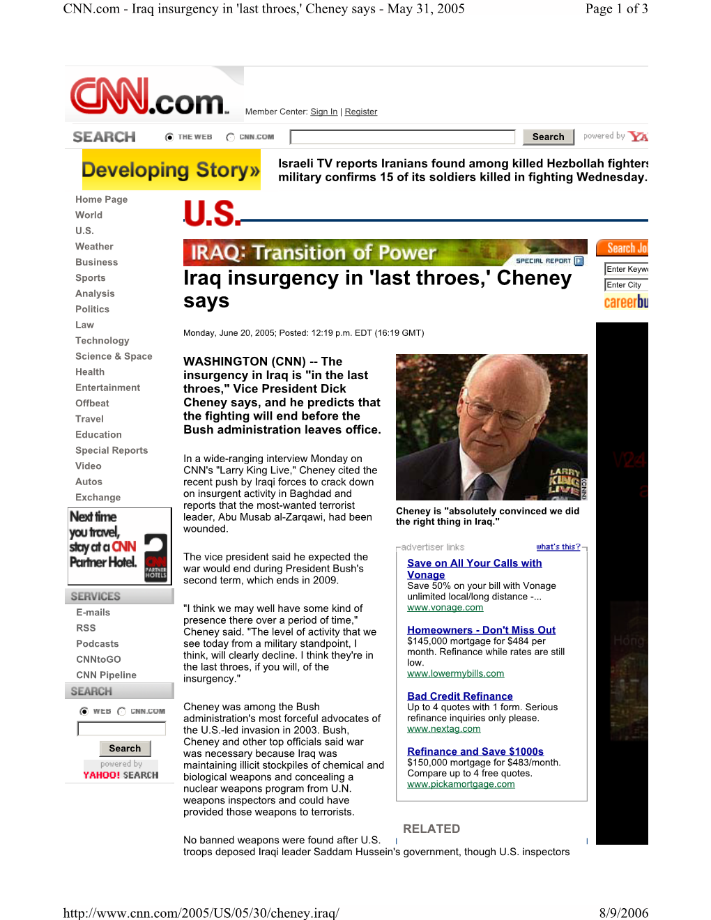 Iraq Insurgency in 'Last Throes,' Cheney Says - May 31, 2005 Page 1 of 3