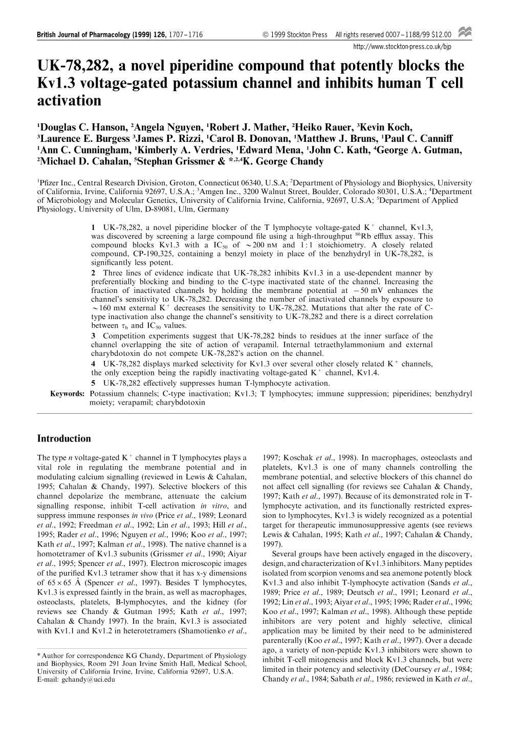 UK-78282, a Novel Piperidine Compound That Potently