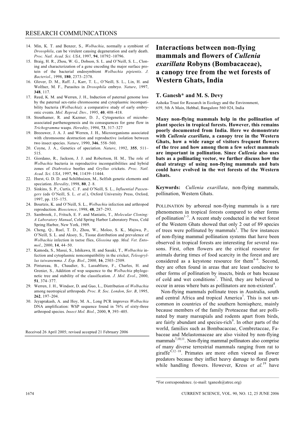 Interactions Between Non-Flying Mammals and Flowers of Cullenia