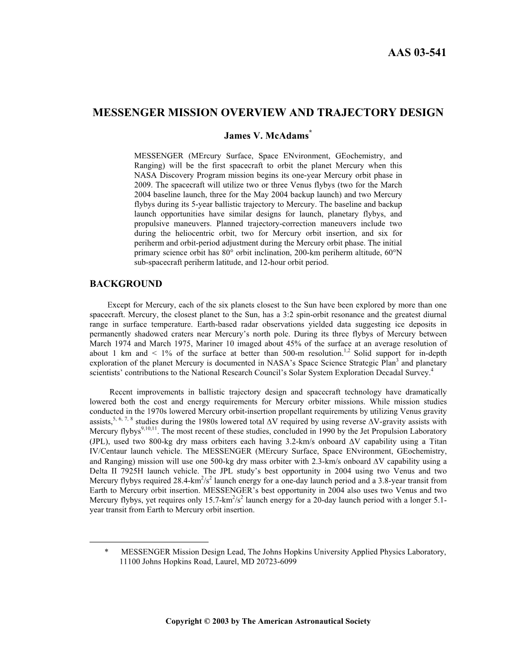 Aas 03-541 Messenger Mission Overview and Trajectory