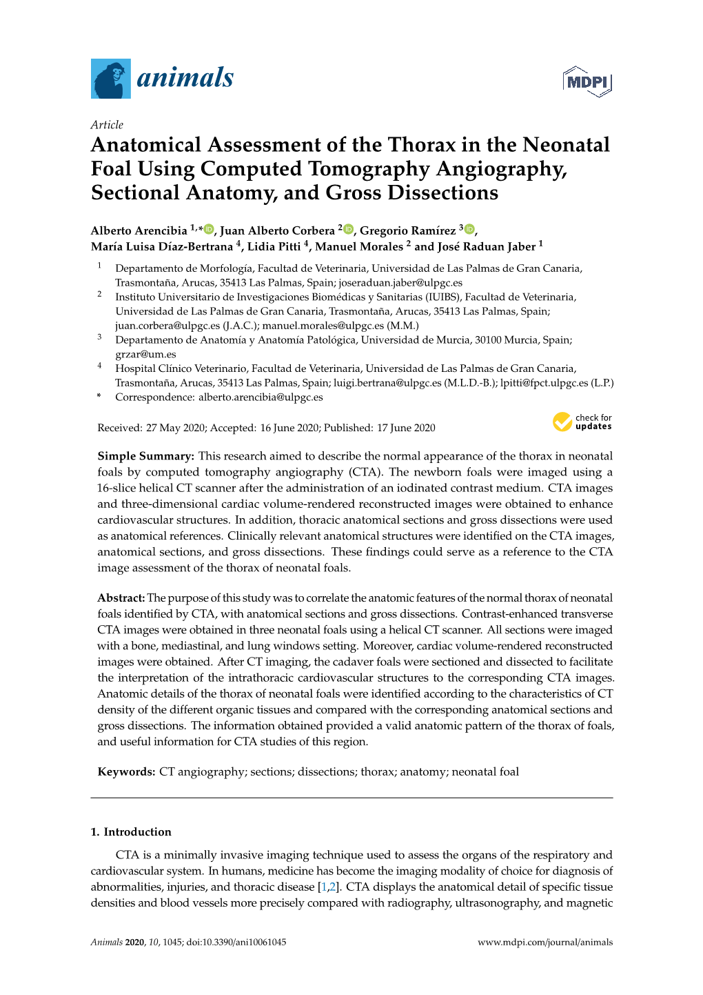 Anatomical Assessment of the Thorax in the Neonatal Foal Using Computed Tomography Angiography, Sectional Anatomy, and Gross Dissections