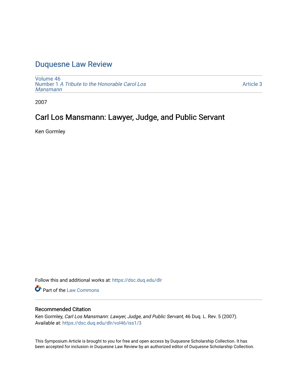 Carl Los Mansmann: Lawyer, Judge, and Public Servant