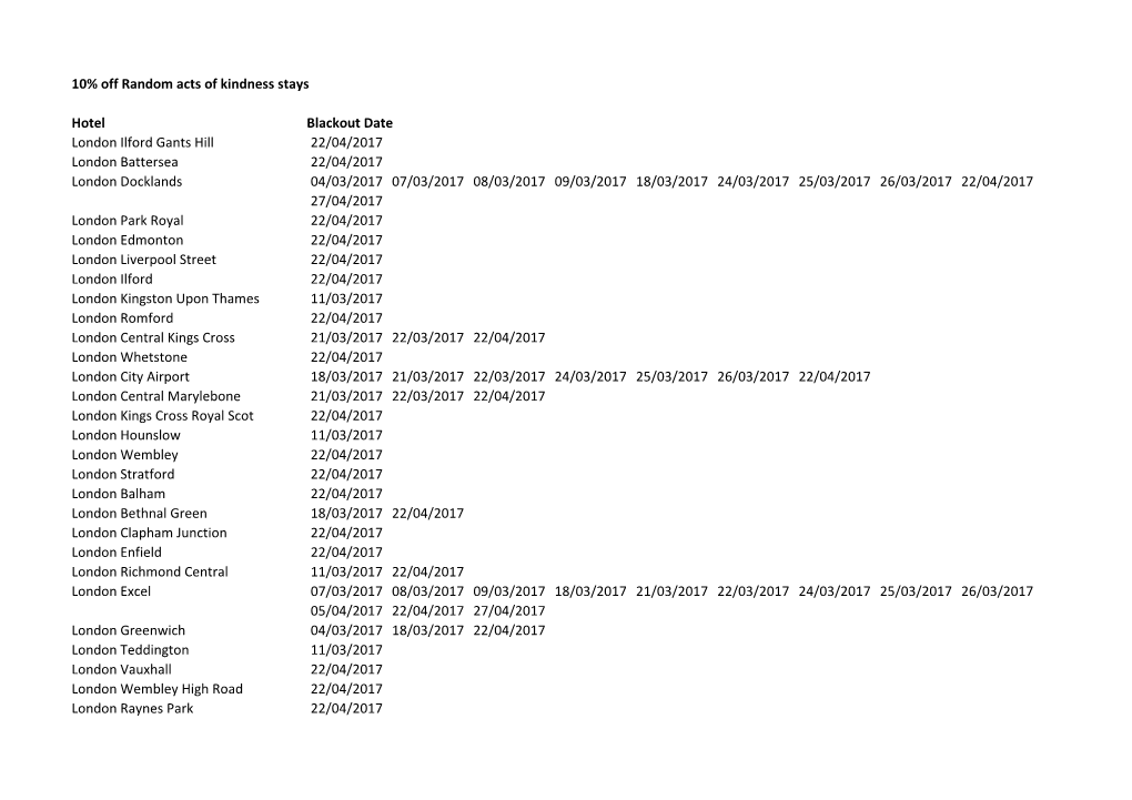 10% Off Random Acts of Kindness Stays Hotel Blackout Date London Ilford Gants Hill 22/04/2017 London Battersea 22/04/2017 London