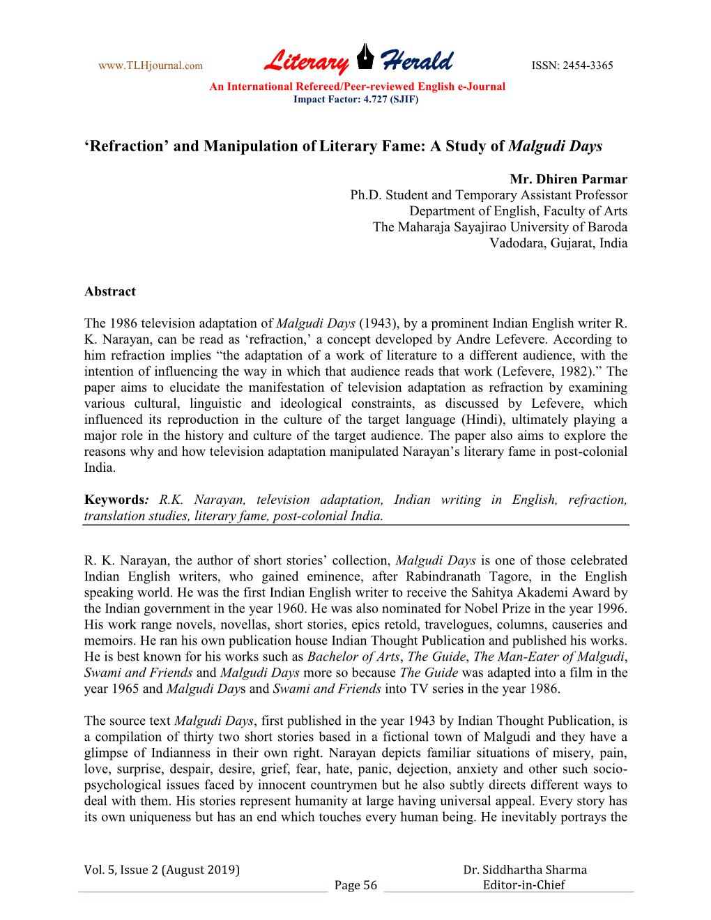 Literary Herald ISSN: 2454-3365 an International Refereed/Peer-Reviewed English E-Journal Impact Factor: 4.727 (SJIF)