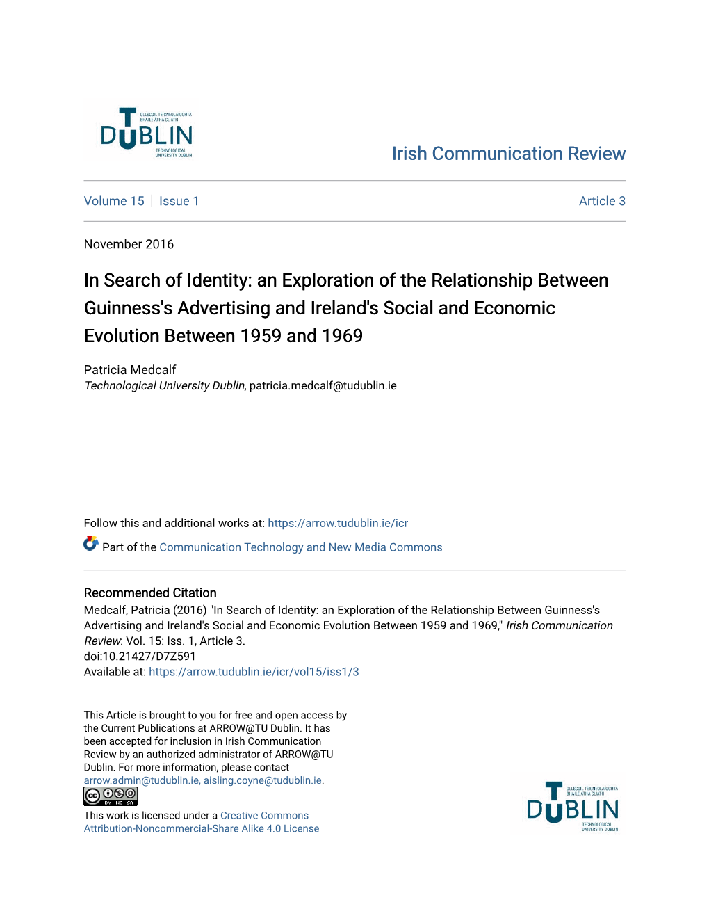 An Exploration of the Relationship Between Guinness's Advertising and Ireland's Social and Economic Evolution Between 1959 and 1969