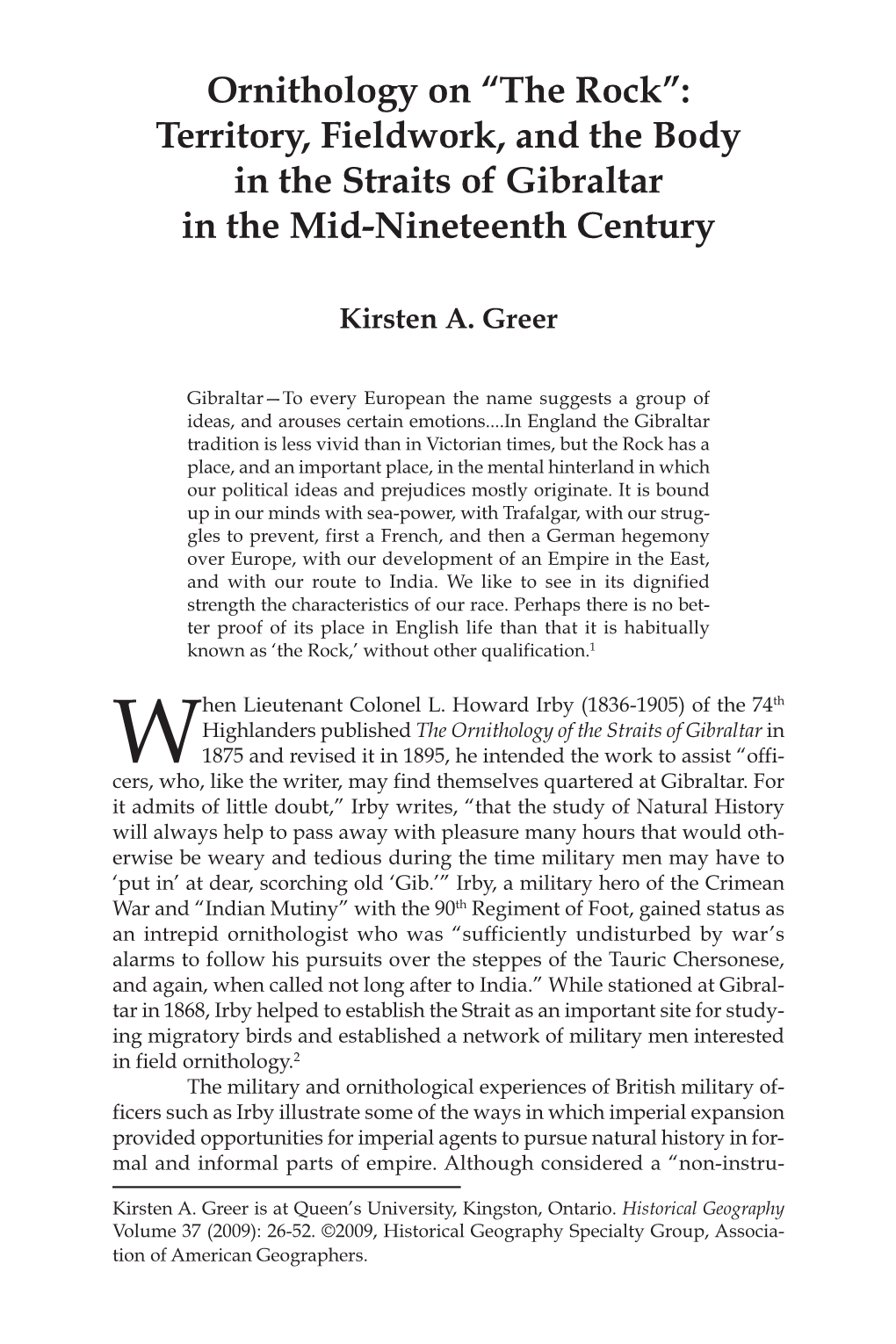 Ornithology on “The Rock”: Territory, Fieldwork, and the Body in the Straits of Gibraltar in the Mid-Nineteenth Century