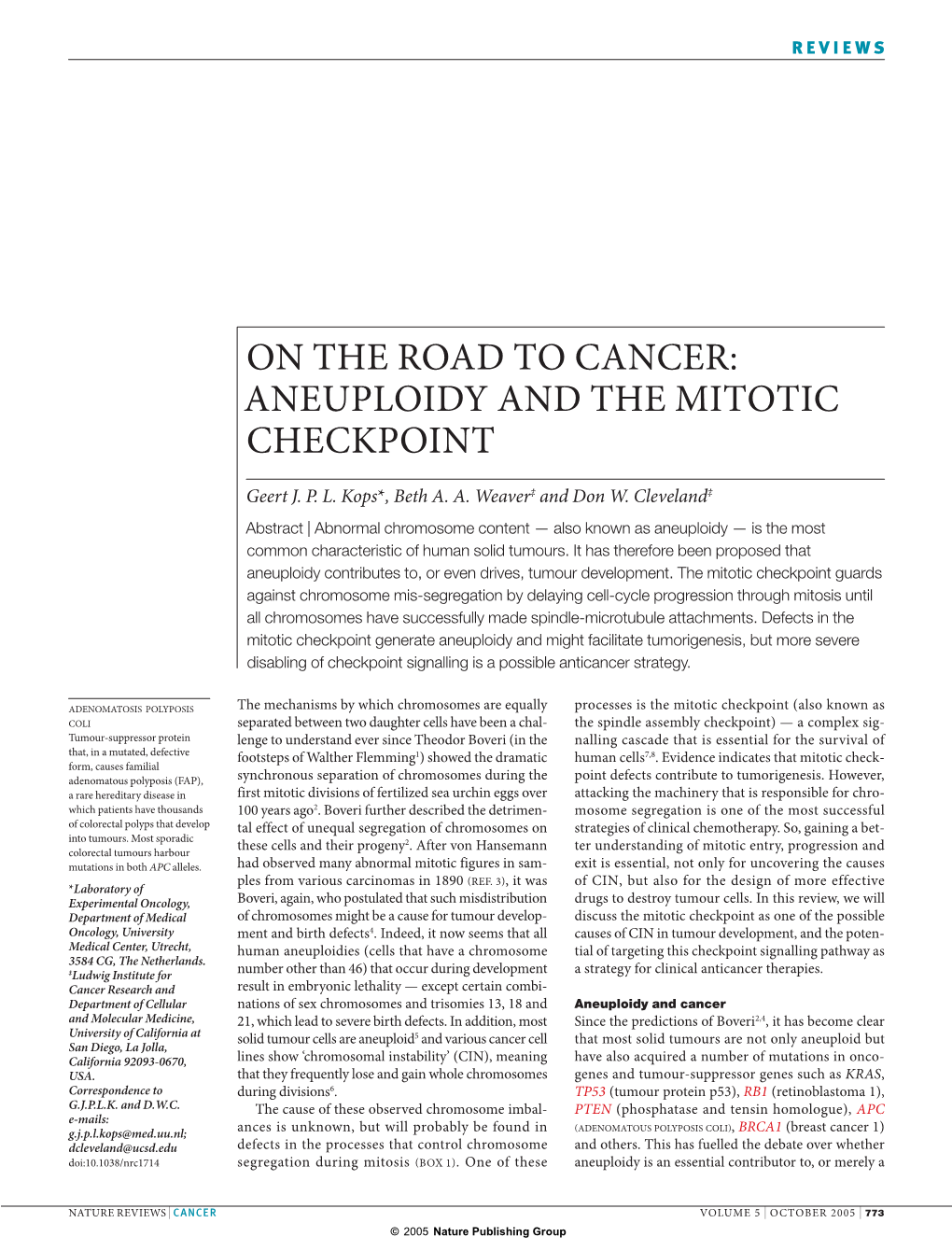 Aneuploidy and the Mitotic Checkpoint