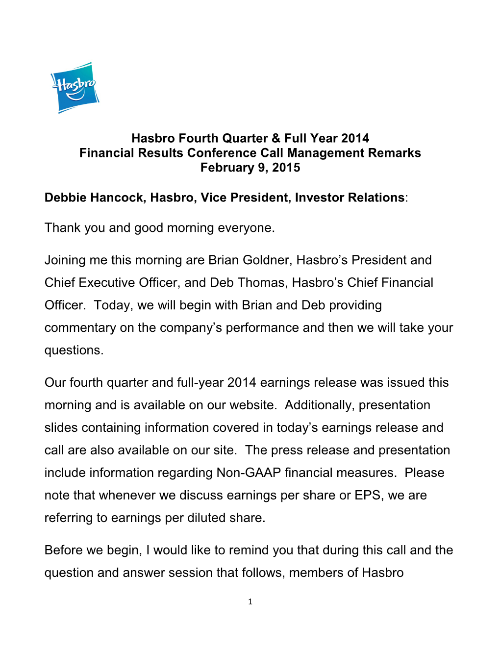 Hasbro Fourth Quarter & Full Year 2014