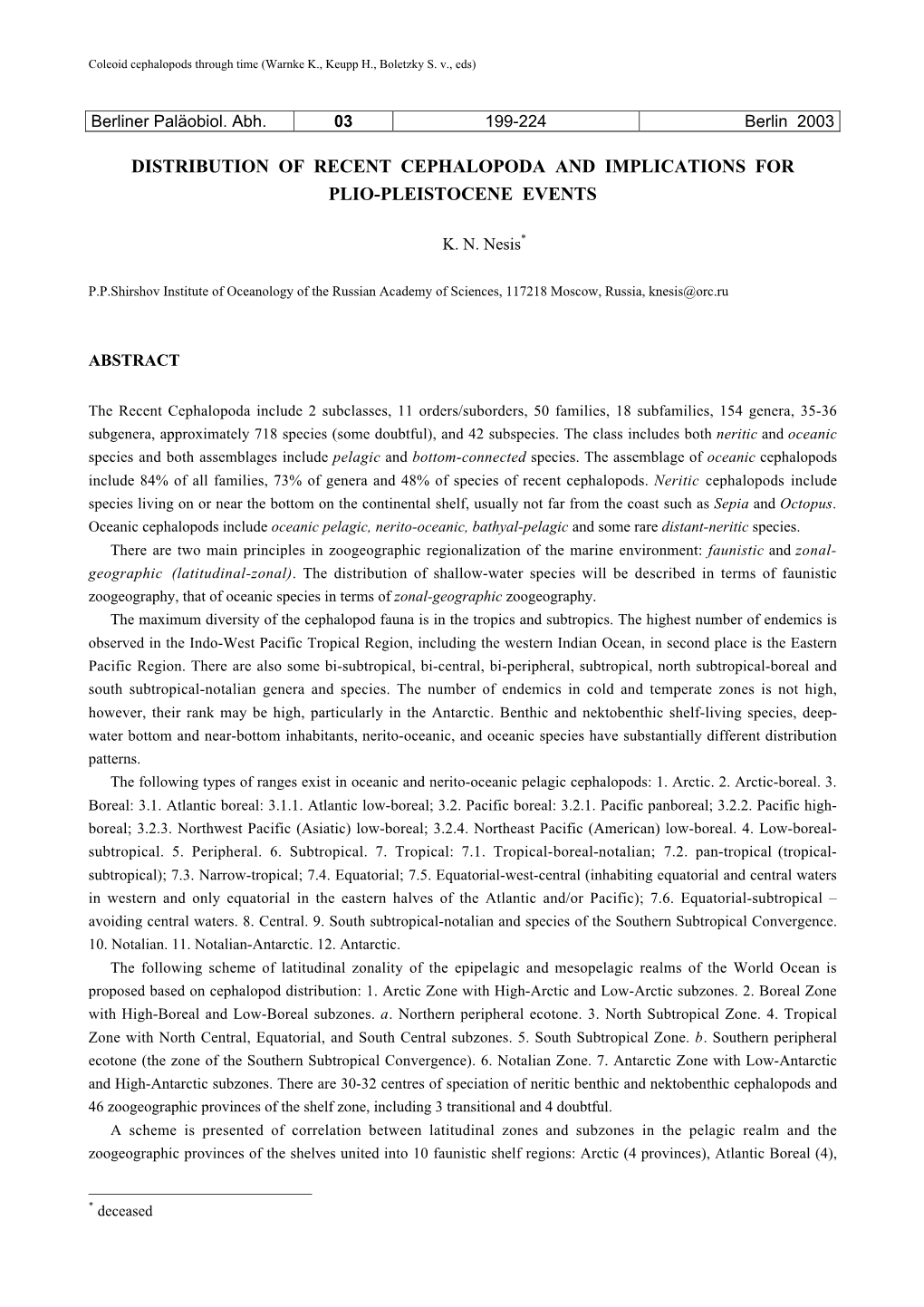 Distribution of Recent Cephalopoda and Implications for Plio-Pleistocene Events