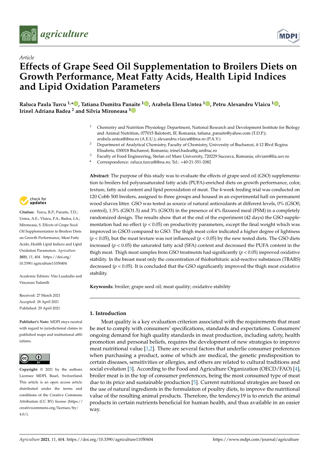 Effects of Grape Seed Oil Supplementation to Broilers Diets on Growth Performance, Meat Fatty Acids, Health Lipid Indices and Lipid Oxidation Parameters