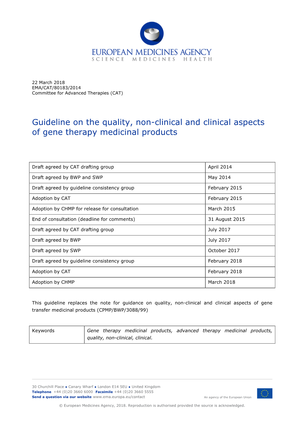 Guideline on the Quality, Non-Clinical and Clinical Aspects of Gene Therapy Medicinal Products