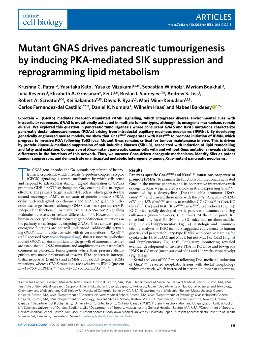 GNAS Drives Pancreatic Tumourigenesis by Inducing PKA-Mediated SIK Suppression and Reprogramming Lipid Metabolism