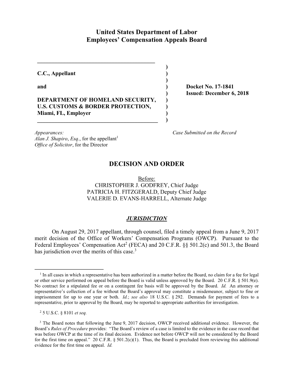 17-1841 ) Issued: December 6, 2018 DEPARTMENT of HOMELAND SECURITY, ) U.S