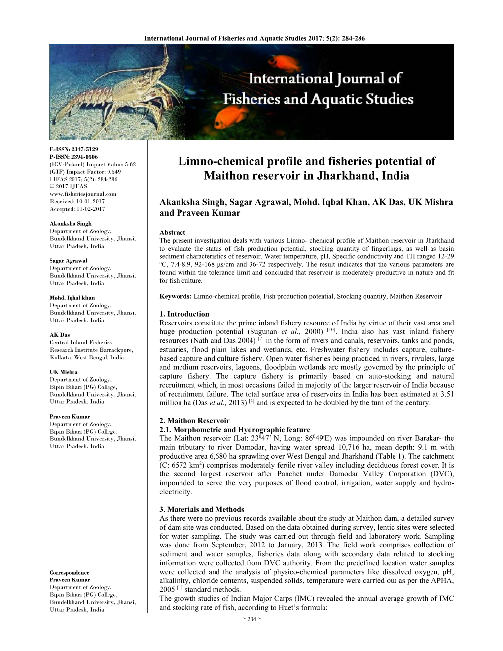 Limno-Chemical Profile and Fisheries Potential of Maithon Reservoir In
