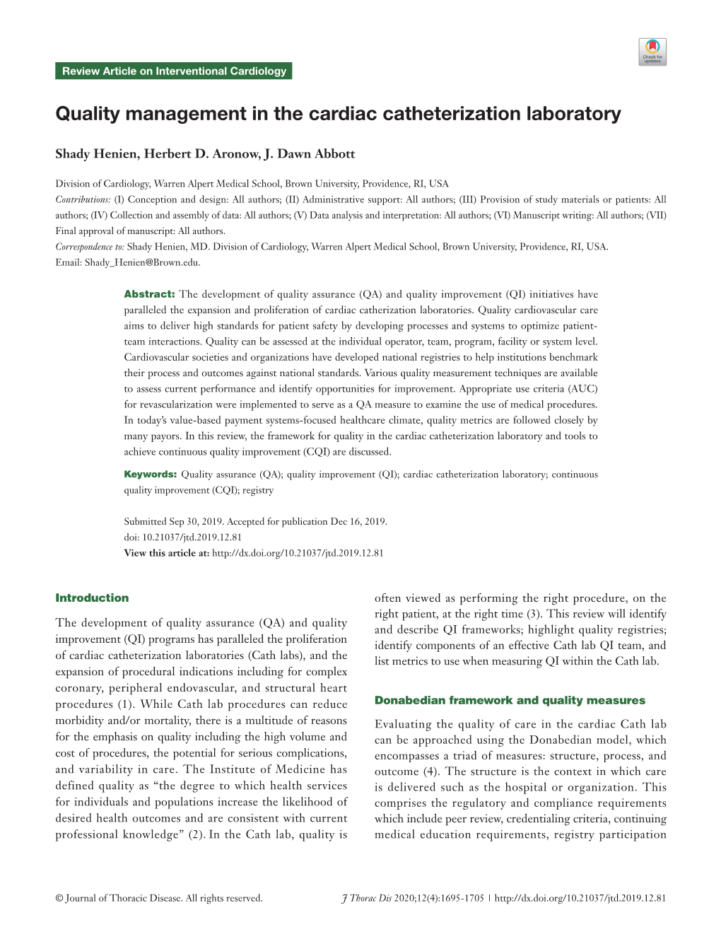 Quality Management in the Cardiac Catheterization Laboratory