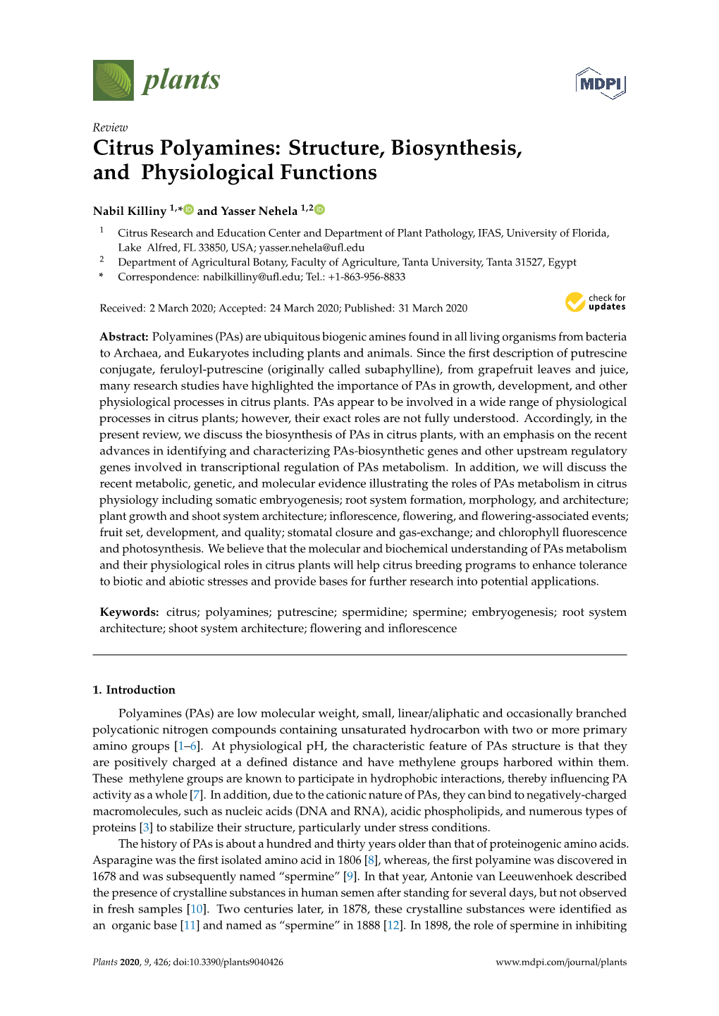 Citrus Polyamines: Structure, Biosynthesis, and Physiological Functions