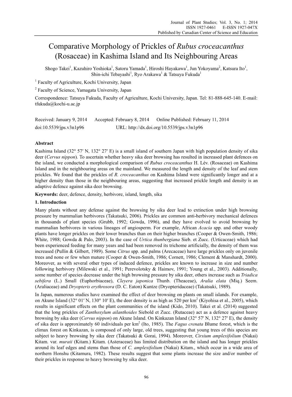 Comparative Morphology of Prickles of Rubus Croceacanthus (Rosaceae) in Kashima Island and Its Neighbouring Areas