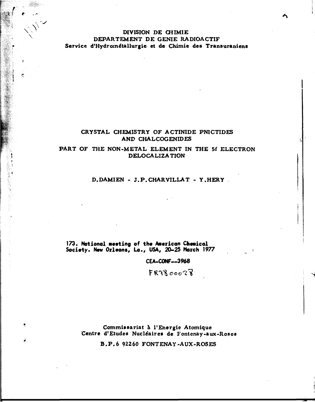 DIVISION DE CHIMIE DEPARTEMENT DE GENIE RADIOACTIF Service D'hydrométallurgie Et De Chimie Des Transuraniens