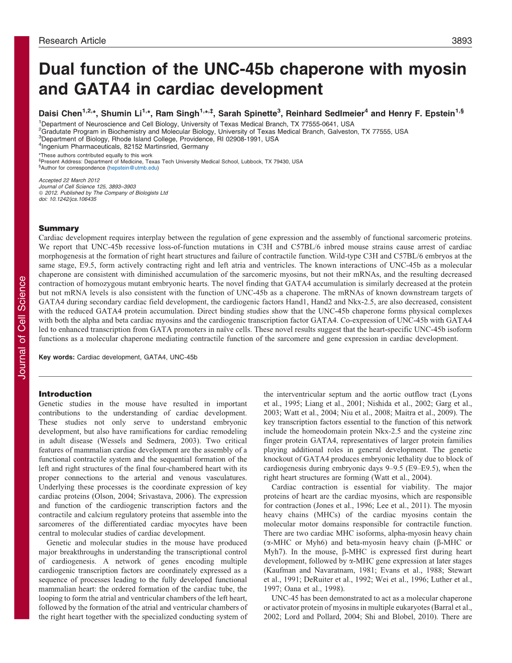 Dual Function of the UNC-45B Chaperone with Myosin and GATA4 in Cardiac Development