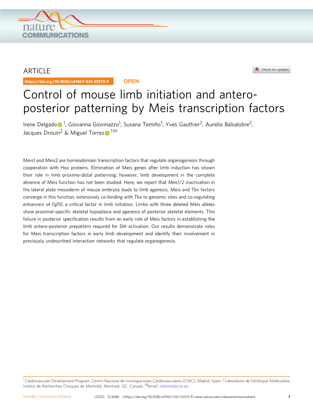 Control of Mouse Limb Initiation and Antero-Posterior Patterning by Meis