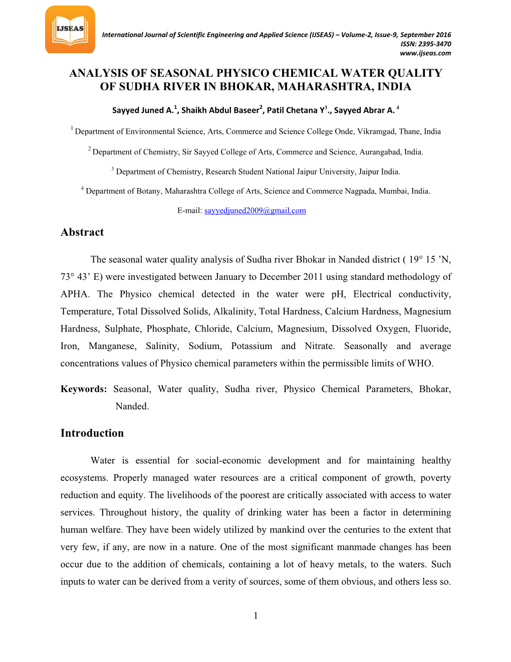 Analysis of Seasonal Physico Chemical Water Quality of Sudha River in Bhokar, Maharashtra, India