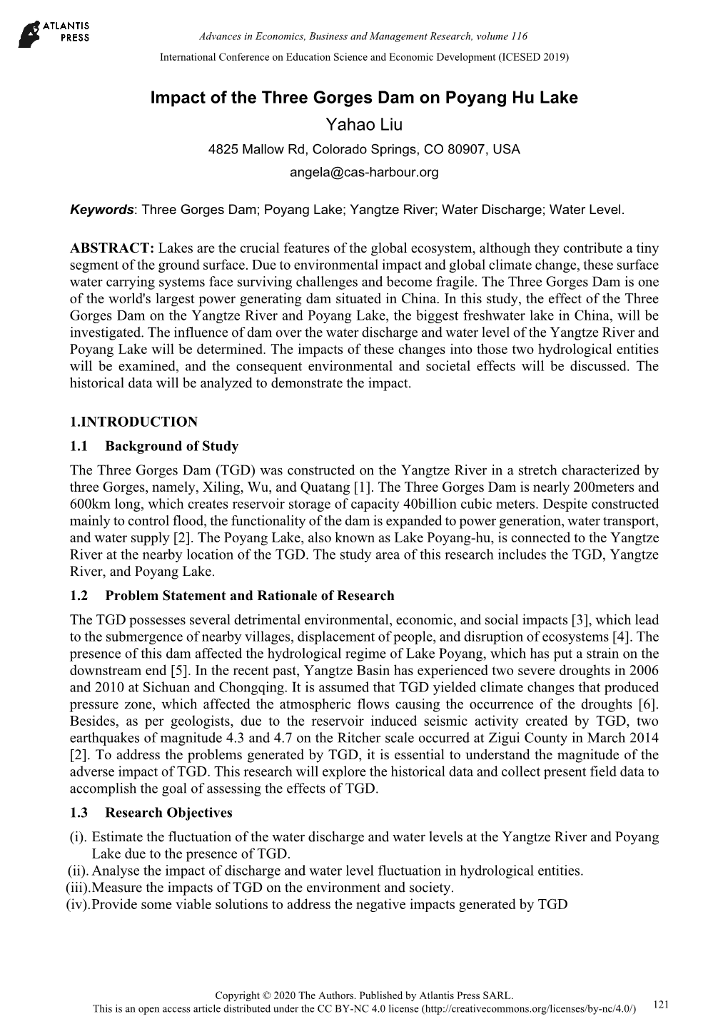 Impact of the Three Gorges Dam on Poyang Hu Lake Yahao Liu 4825 Mallow Rd, Colorado Springs, CO 80907, USA Angela@Cas-Harbour.Org