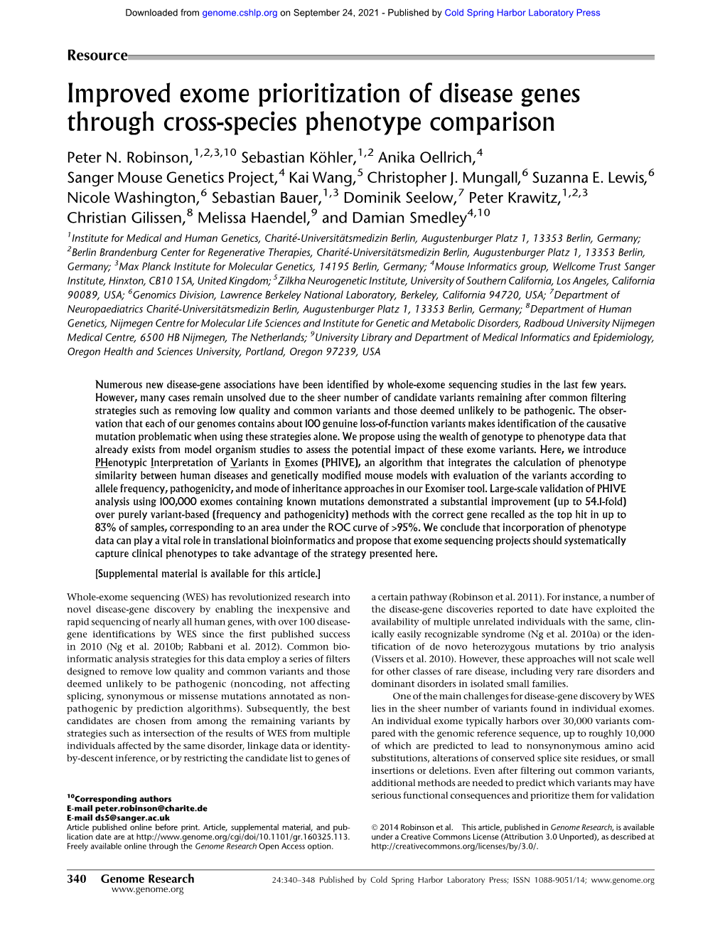 Improved Exome Prioritization of Disease Genes Through Cross-Species Phenotype Comparison